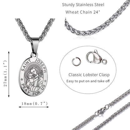 Silver Saint Joseph Necklace for Men &amp; Boys – Stainless Steel Pendant Chain, Christian Catholic Jewelry Gift