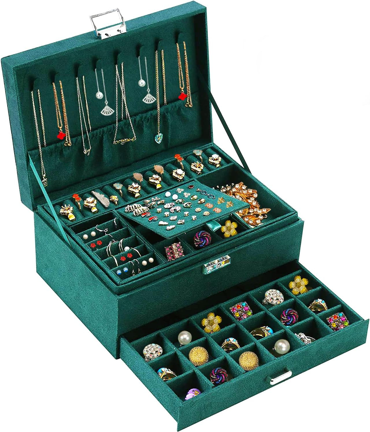 Green Velvet Jewelry Box for Women – Lockable Organizer for Necklaces, Earrings, Rings &amp; Bracelets – Elegant Teen Jewelry Storage Case