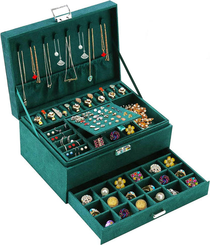 Green Velvet Jewelry Box for Women – Lockable Organizer for Necklaces, Earrings, Rings &amp; Bracelets – Elegant Teen Jewelry Storage Case