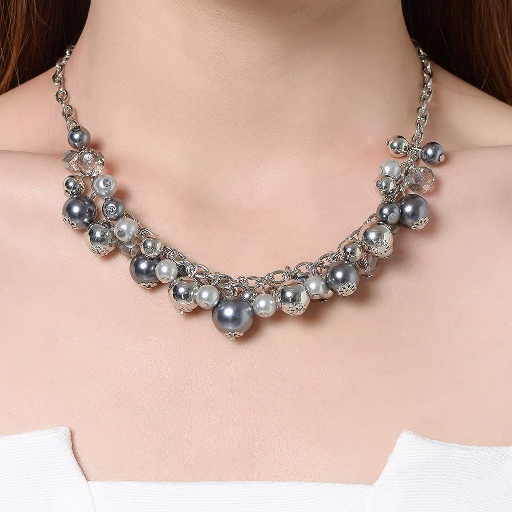 Chunky Beaded Statement Necklace for Women – Boho Silver Pendant Collar Necklace