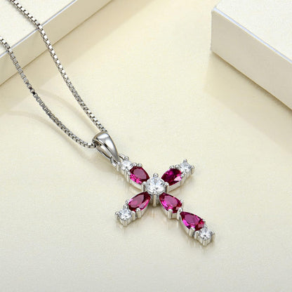 925 Sterling Silver Cross Necklace for Women – Halo Gemstone Birthstone Pendant, Religious Jewelry for Mom