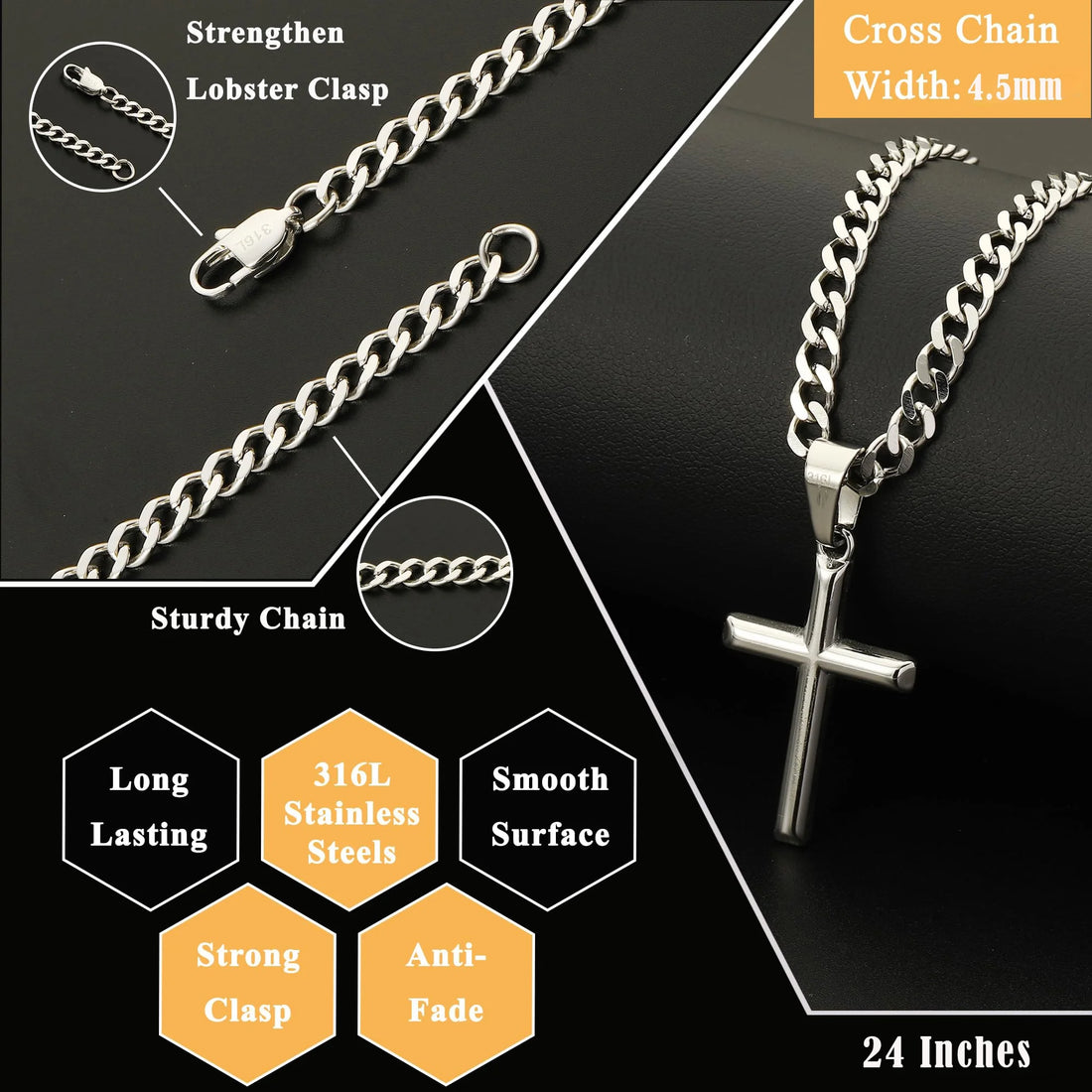 Silver Cross Necklace for Men – Religious Pendant Chain Gift from Kids for Dad, Godfather, Stepfather
