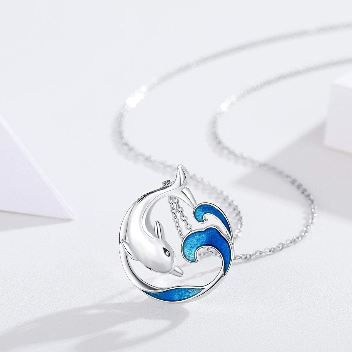 S925 Sterling Silver Dolphin Necklace – Ocean Wave Pendant, Beach Theme Jewelry for Women &amp; Girls