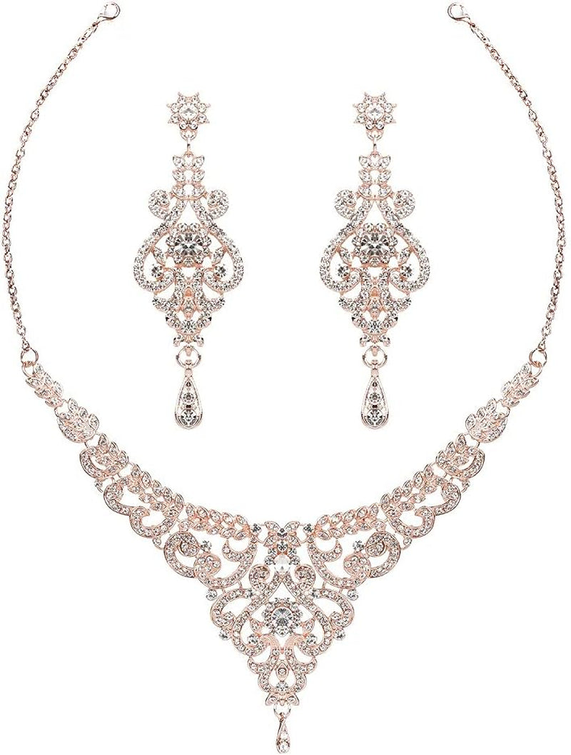 Crystal Wedding Jewelry Set for Women – Rose Gold &amp; Silver Bridal Necklace and Earrings Set – Elegant Statement Jewelry for Brides