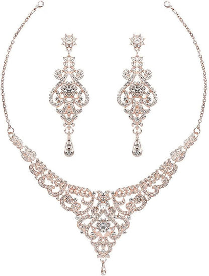 Crystal Wedding Jewelry Set for Women – Rose Gold &amp; Silver Bridal Necklace and Earrings Set – Elegant Statement Jewelry for Brides