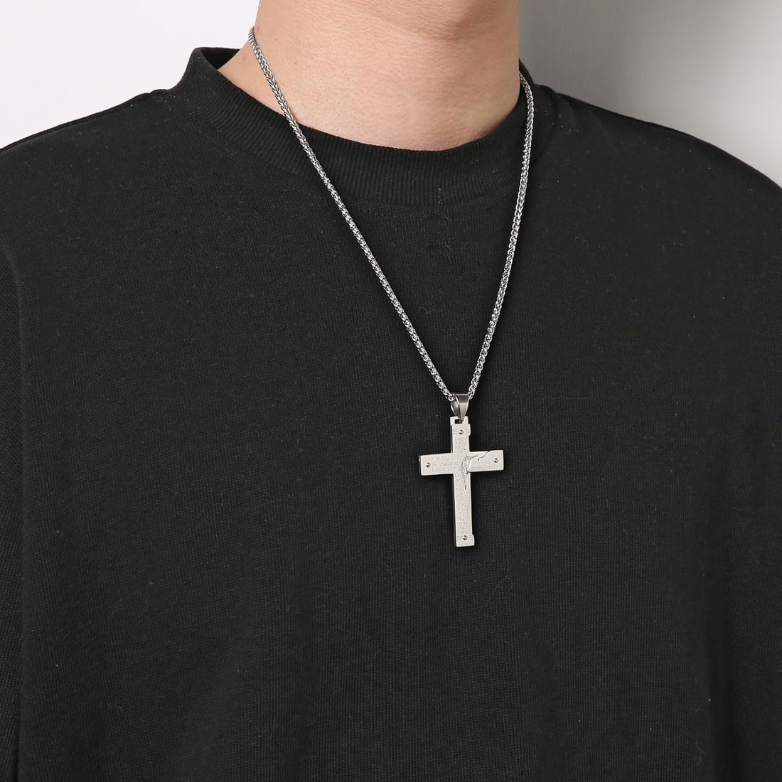 Men’s Stainless Steel Jesus Christ Crucifix Cross Necklace – Lord’s Prayer Pendant for Faith, Strength &amp; Style