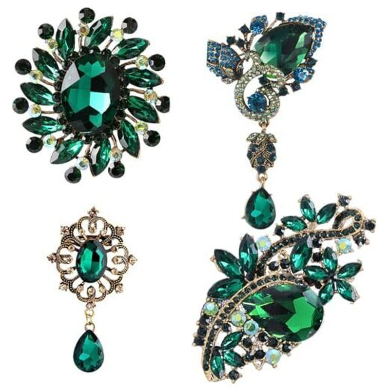 Ezing 4-Piece Large Rhinestone Crystal Brooch Set – Fashion Green Statement Pins