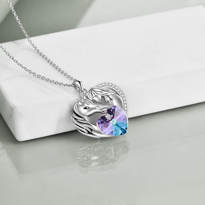 Purple Heart &amp; Horse Pendant Necklace – Sterling Silver Animal Lover Gift for Her