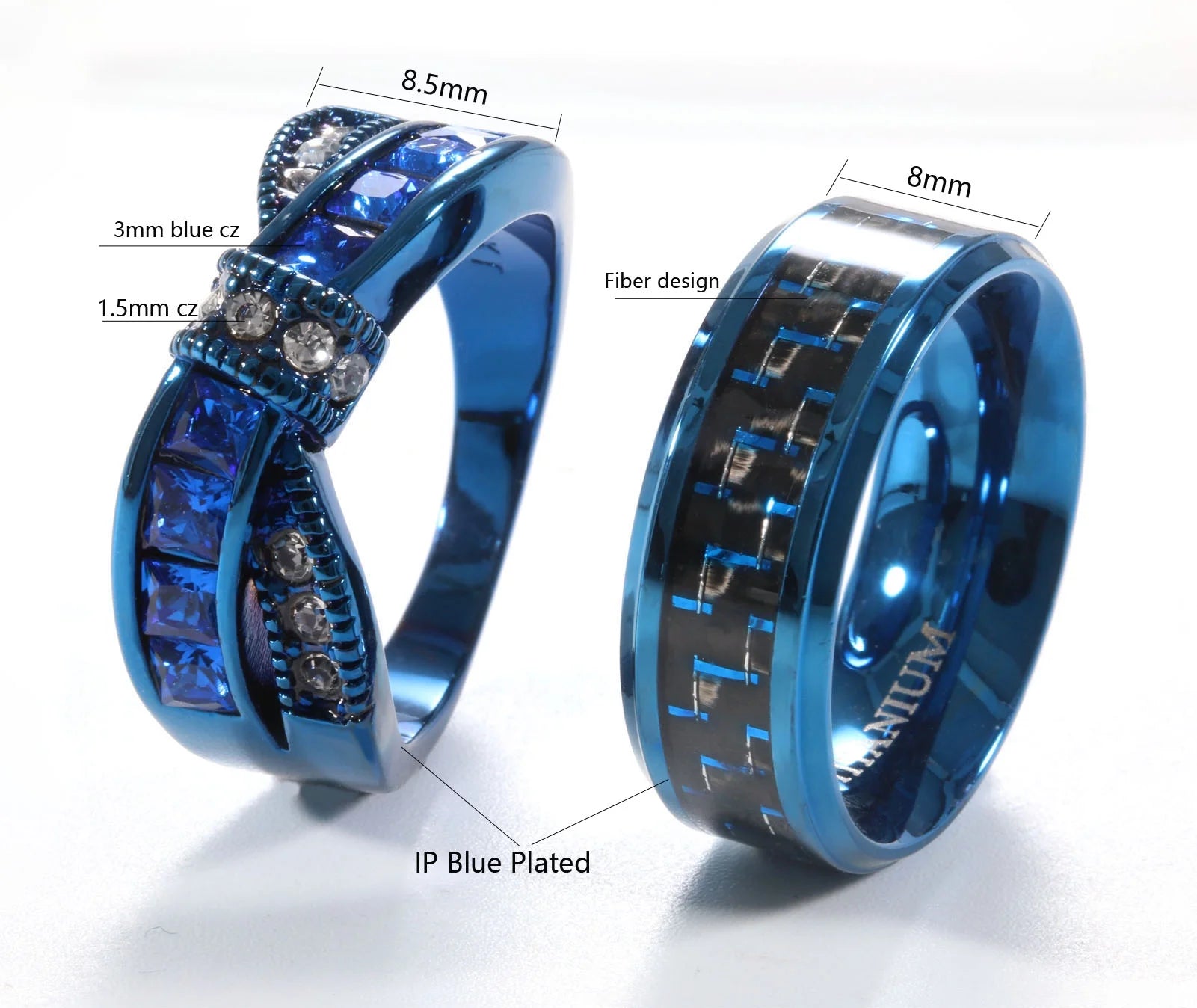 2 Blue Matching Couple Rings – 1CT AAA Cubic Zirconia Women’s Wedding Rings Set
