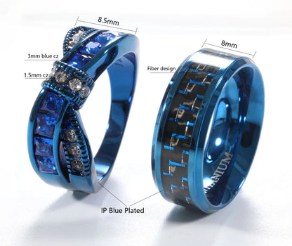 2 Blue Matching Couple Rings – 1CT AAA Cubic Zirconia Women’s Wedding Rings Set