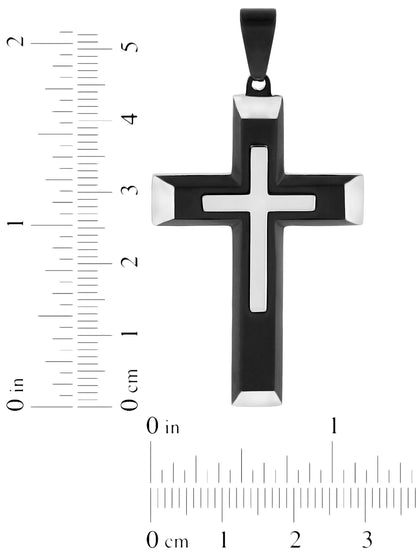 Men’s Two-Tone Stainless Steel Cross Pendant Necklace – Stacked Design with Chain