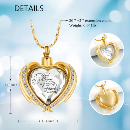 Angel Wing Heart Cremation Urn Necklace – Birthstone Memorial Locket for Human Ashes | Keepsake Jewelry for Women