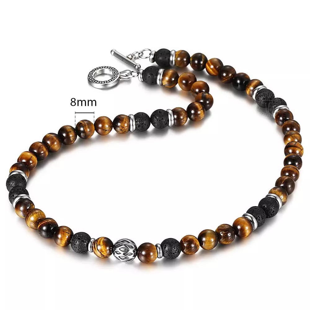 Men’s 8mm Natural Tiger Eye Lava Bead Necklace – Stainless Steel Toggle Clasp, 18/20/24&quot;