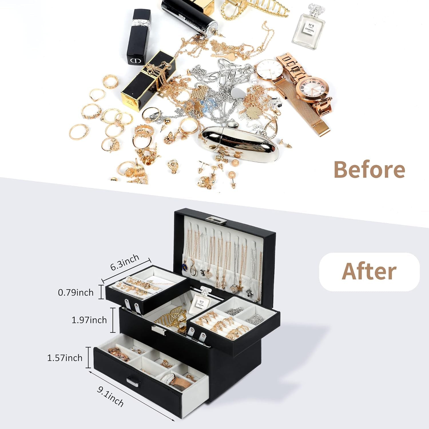 3-Layer Jewelry Box for Women &amp; Girls – Black Jewelry Organizer Case for Rings, Earrings, Necklaces &amp; Bracelets