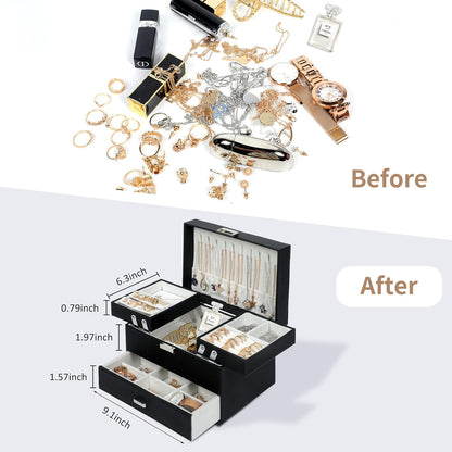 3-Layer Jewelry Box for Women &amp; Girls – Black Jewelry Organizer Case for Rings, Earrings, Necklaces &amp; Bracelets