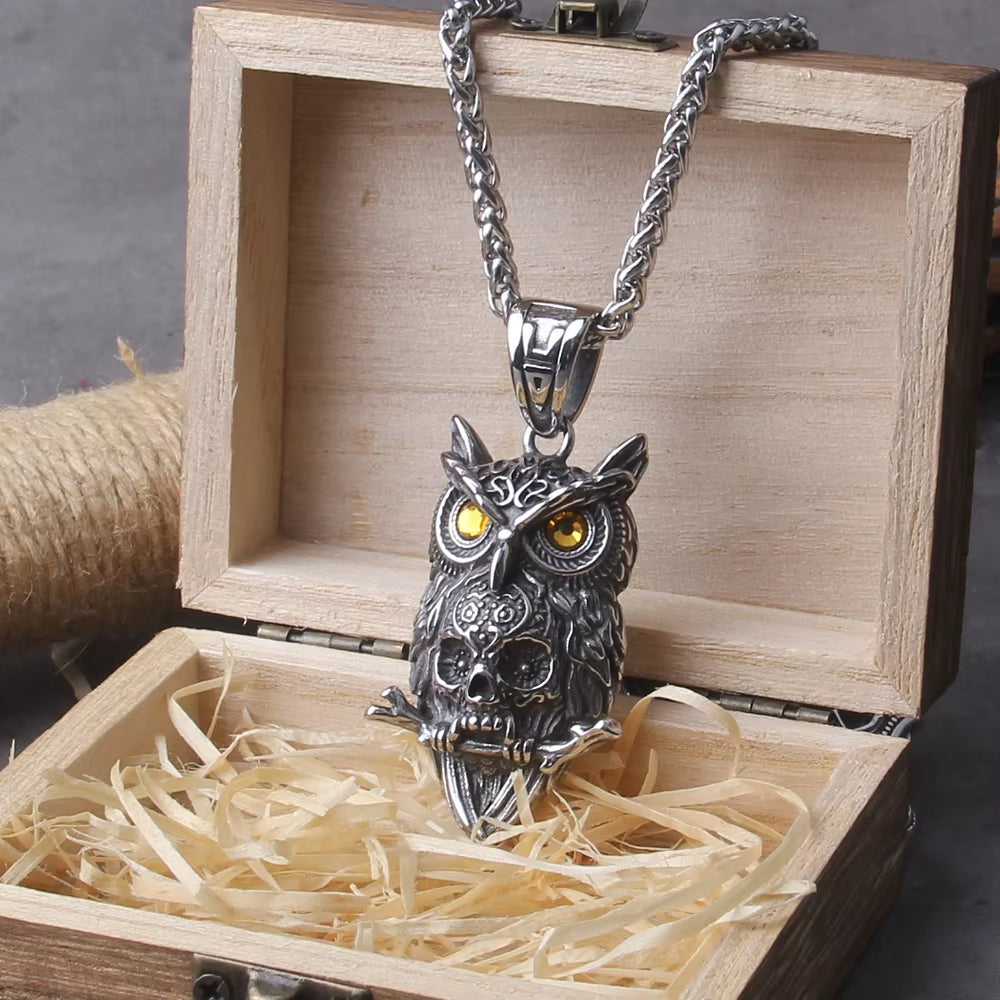Gothic Owl Skull Viking Pendant Necklace – Stainless Steel Punk Biker Jewelry for Men