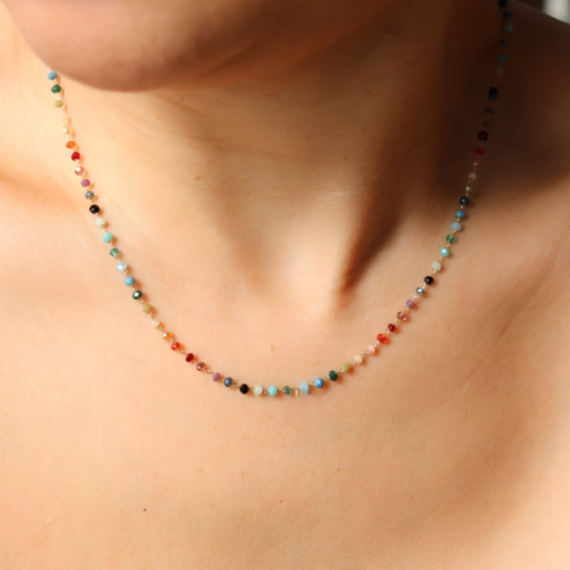 Rainbow Gemstone Beaded Necklace – Dainty Colorful Charm for a Playful, Elegant Look