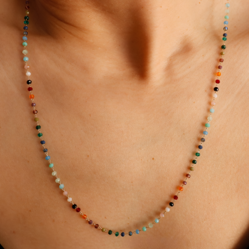 Rainbow Gemstone Beaded Necklace – Dainty Colorful Charm for a Playful, Elegant Look
